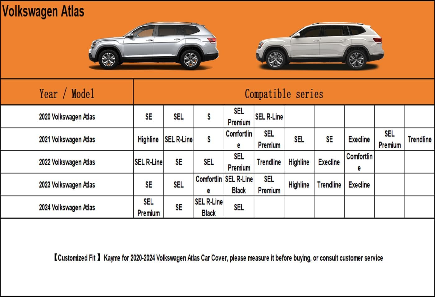 Kayme 7 Layer SUV Car Cover Custom Fit for Volkswagen VW Atlas (2017-2025) Waterproof All Weather for Automobiles, Outdoor Full Cover Sun Rain UV Protection.Black