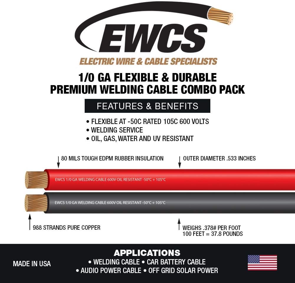 1/0 Gauge EWCS Brand - 25 Feet Each Black + Red - 100% Copper Premium Industrial Grade Extra Flexible Welding Cable 600 Volt Black+Red Combo Pack