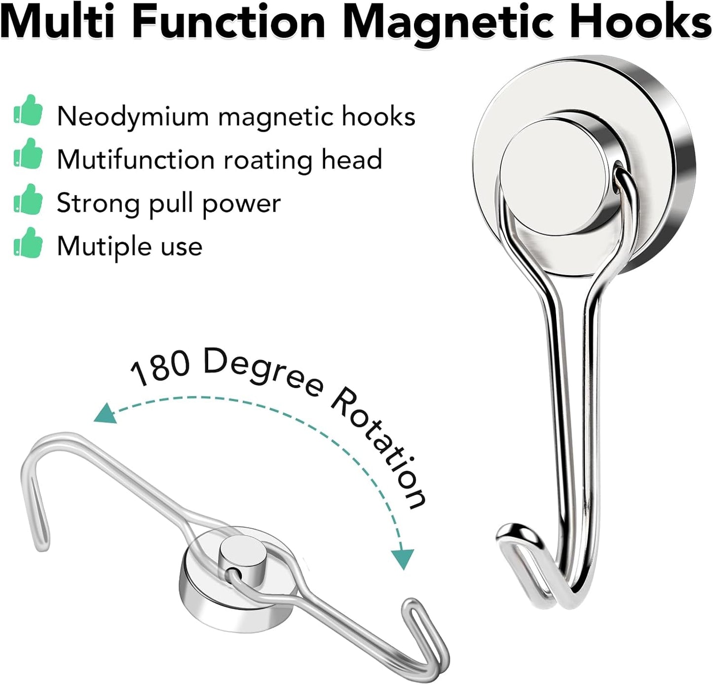 MIKEDE Magnetic Hooks, 40LB Neodymium Magnet Hooks Heavy Duty, Strong Magnetic Swivel Hooks for Hanging, Rust Proof Strong 6 Pack Magnets with Hook for Fridge, Toolbox, Storage