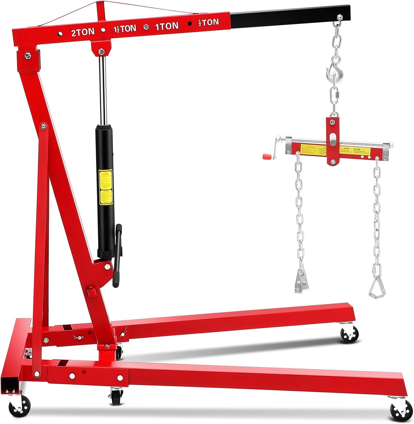 2 Ton Hydraulic Engine Hoist with Lever Stabilizer, Cherry Picker Engine Hoist, 4400LBS Heavy Duty Garage Crane with 6 Swivel Casters & Adjustable Telescopic Boom, for Auto Repair & Workshop (Red)
