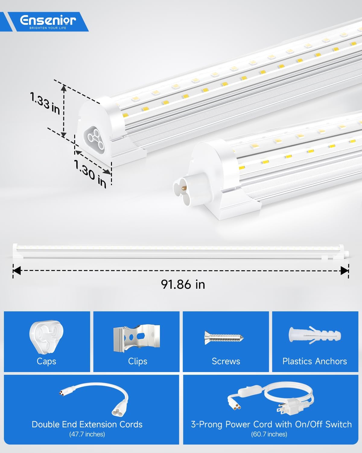Ensenior 6 Pack 8 FT Led Shop Lights, 6000K Clear White, 10000LM Super Bright, 72W Equivalency 936W, Commercial Bay Lighting, U-Shaped Linkable Shop Lights Plug in for Garage, Workshop, FCC Certified