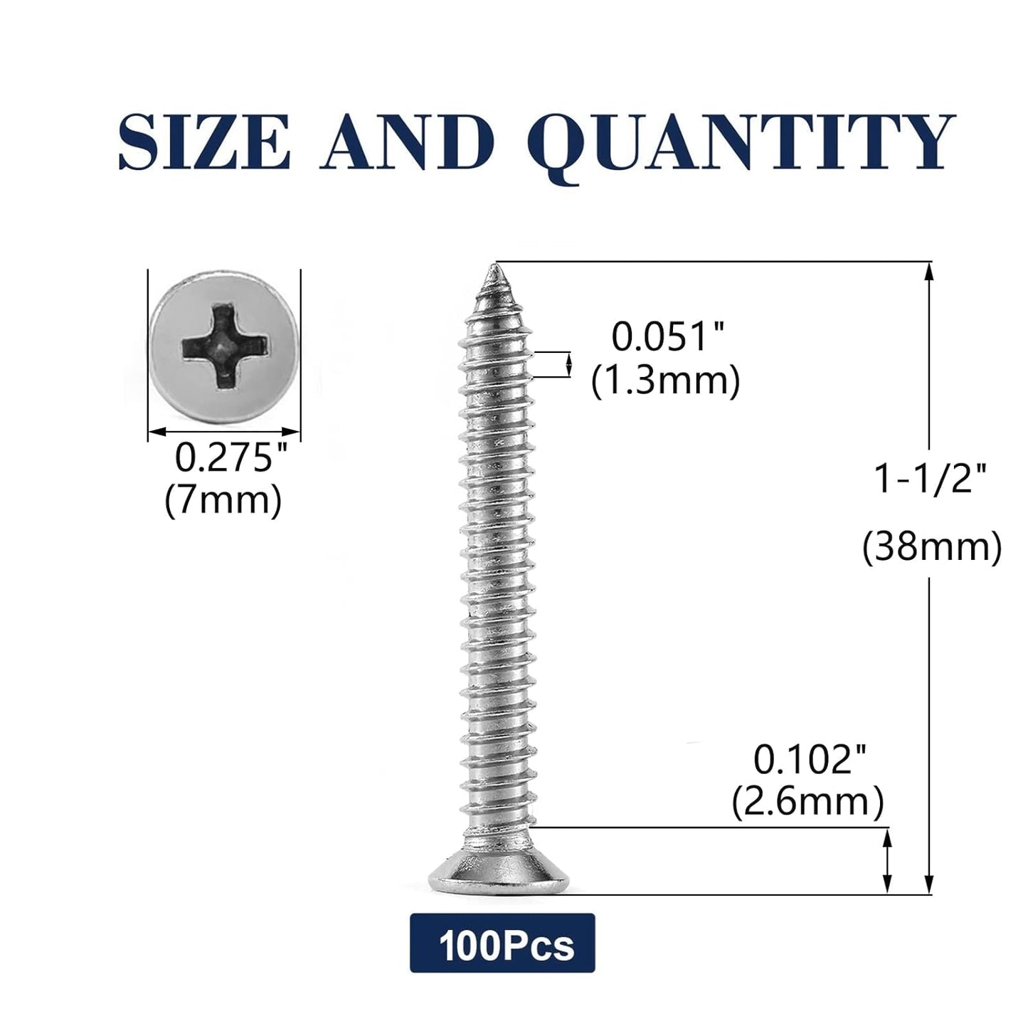 #6 x 1-1/2" Wood Screw 100Pcs 18-8 (304) Stainless Steel Screws Flat Head Phillips Fast Self Tapping Drywall Screws by SG TZH