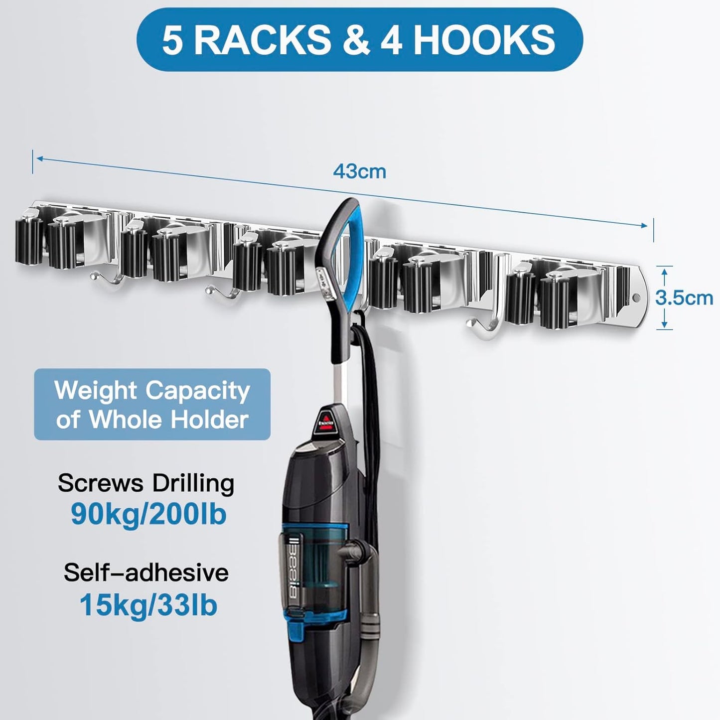 IMILLET Broom Holder Wall Mounted, Stainless Steel Broom Mop Holder Self Adhesive Heavy Duty Hooks Storage Organizer for Home Laundry Room Garden Garage Closet Kitchen 1 Pack（5 Racks with 4 Hooks）