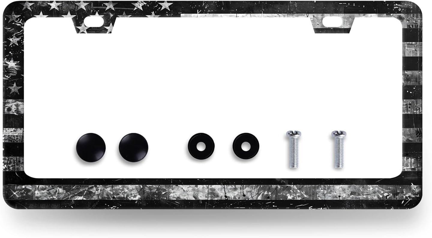 Vintage Black Grey American Flag License Plate Frame Patriotic License Plate Holder Stainless Steel Funny License Plate for USA Canada 6.3" X 12.3" with 2 Holes and Screws