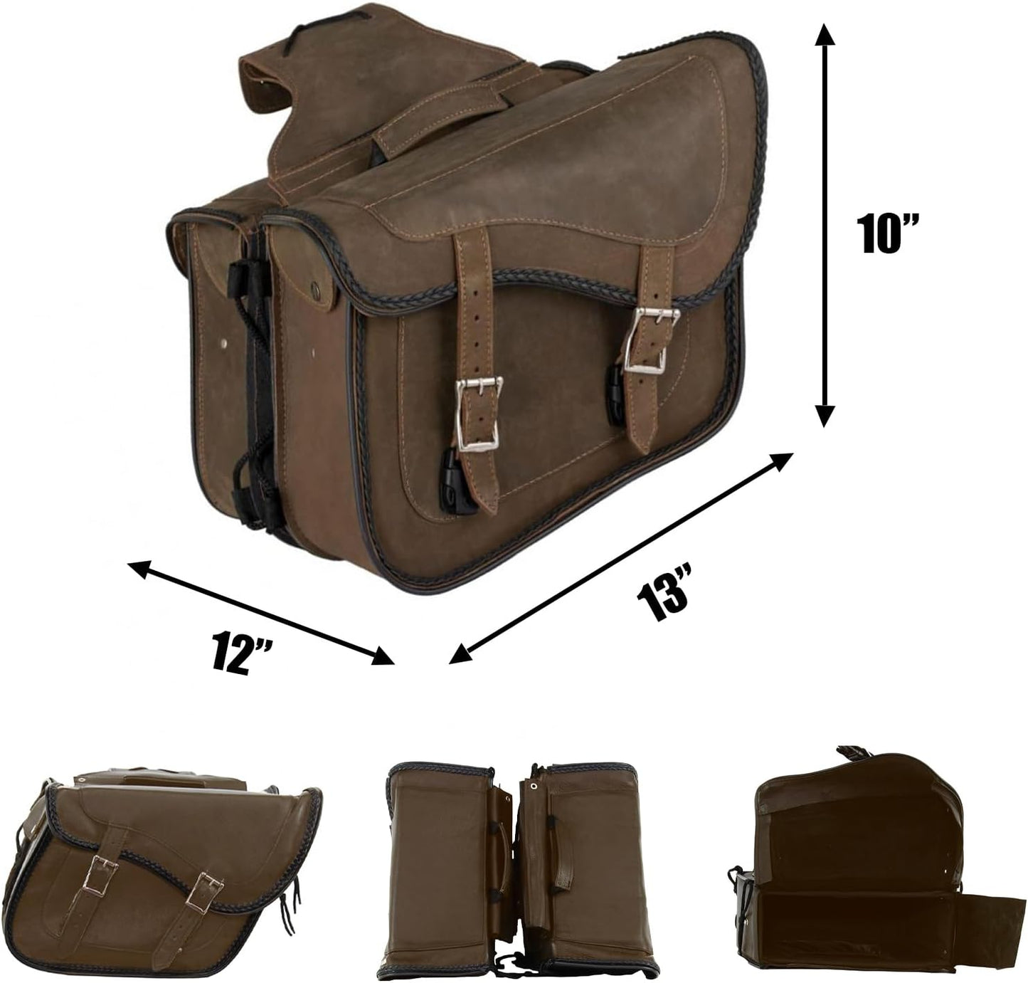 GARGOYLE BELLS Motorcycle Saddle Bags Genuine Leather Motorcycle Luggage Bag For Softails Sportsters and Choppers (No Stud, Brown, 13”x13“x10”)