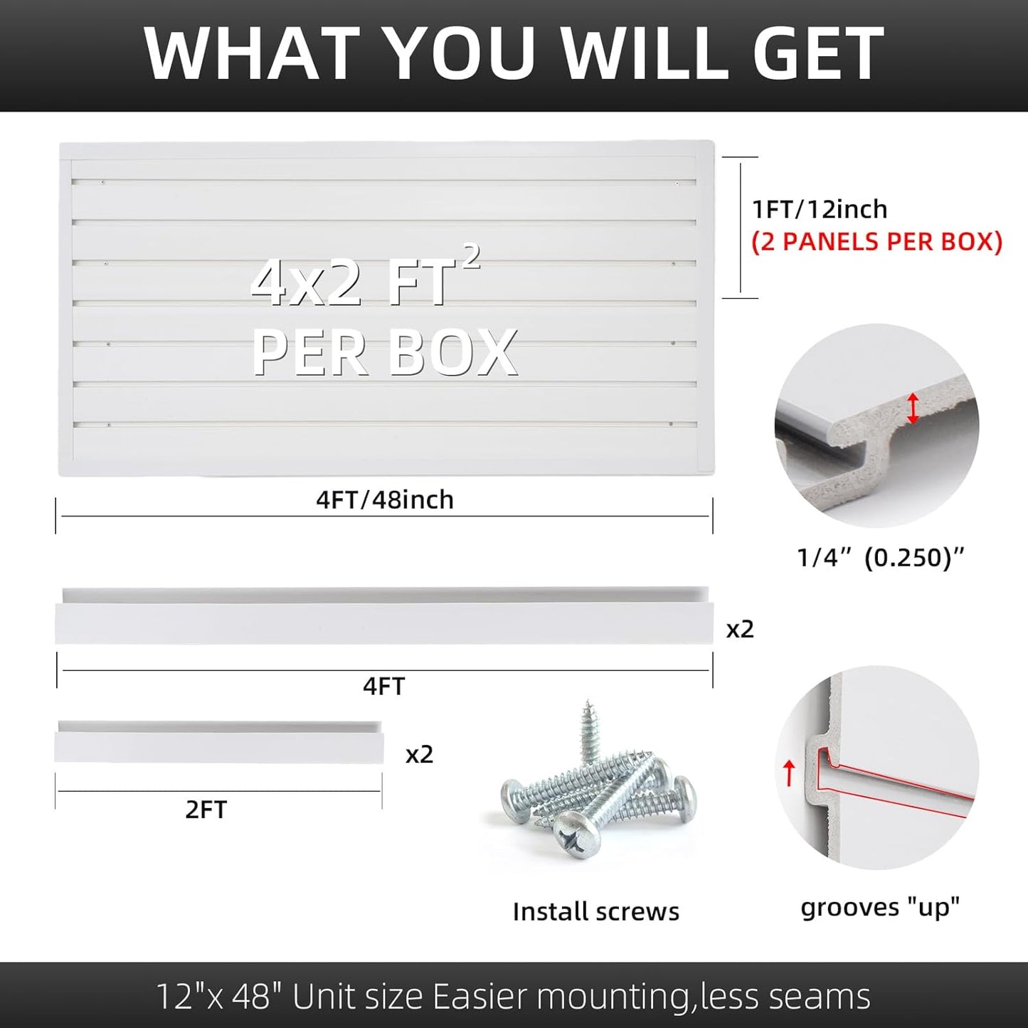 Slatwall Panel Garage Organizer, Heavy Duty Wall Mounted PVC Slat Wall Panels, Tool Organization Peg Board 4ft x 2ft (White)