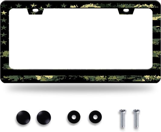 Camo License Plate Frame American Flag License Plate Stainless Steel Funny License Plate Holder for Men Women Colorful Car Accessories Decoration 12.3" x 6.3"