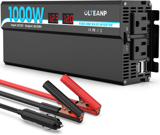 1000W Pure Sine Wave Power Inverter with 2 AC Outlets, 2 USB Ports, LCD Display, 12V to 110V Car & Home Inverter for Vehicles, Laptop