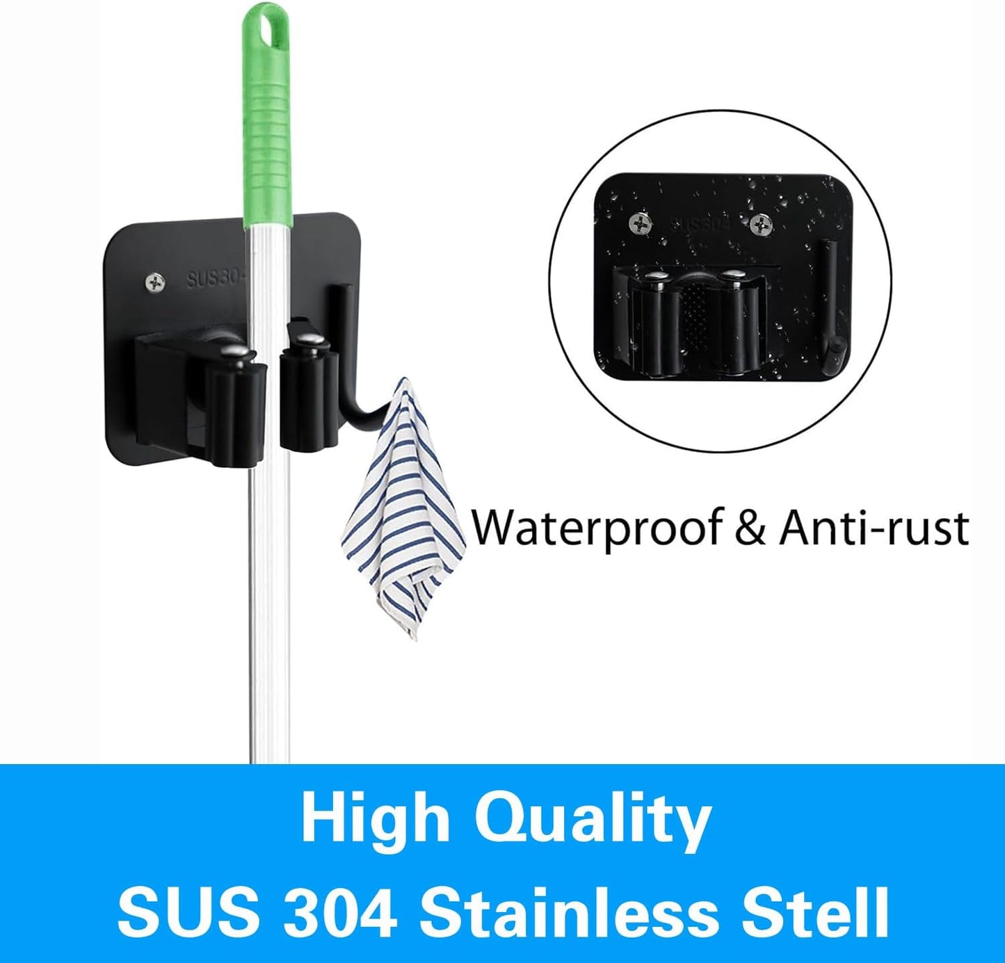5 Pack Broom Holder Heavy Duty Stainless Steel Broom Hanger with Hooks Screw Drilling Rust Resistant Mop and Broom Holder Wall Mount for Bathroom Kitchen Laundry Room Garage - Black
