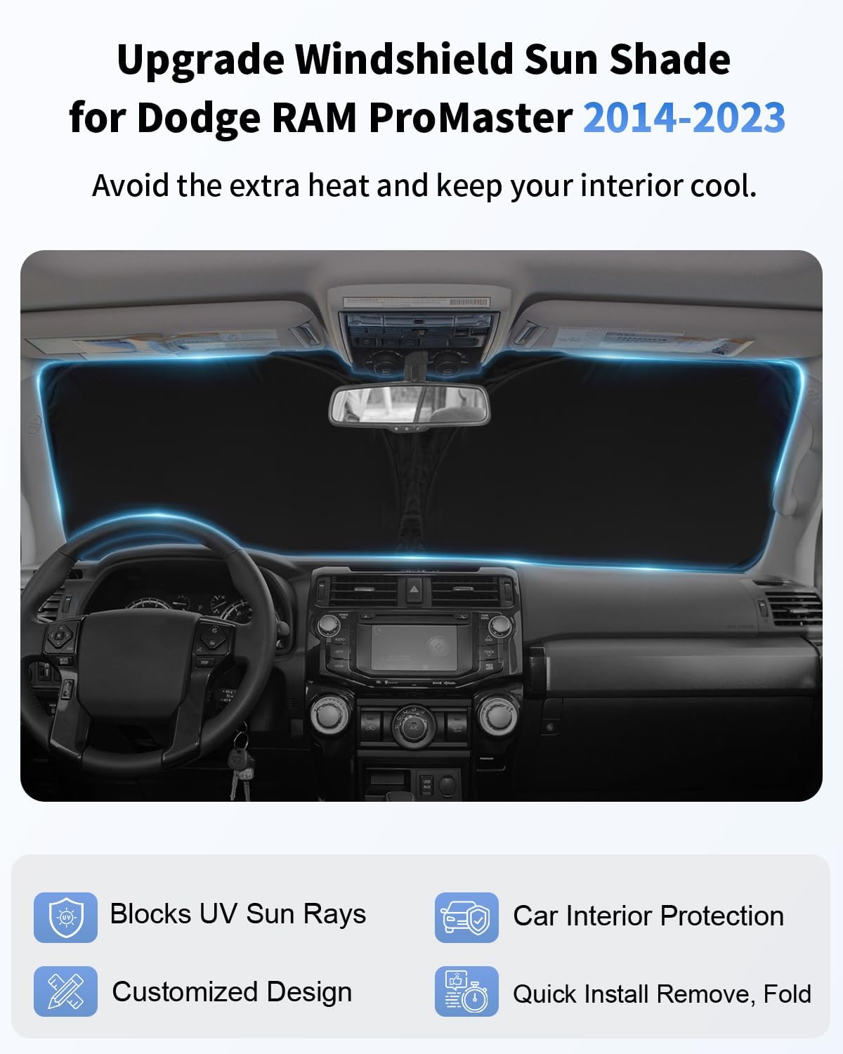 Windshield Sunshade for 2014-2024 2025 2026 Dodge Ram ProMaster Accessories Full Size Cargo Van Chassis Cab Cutaway Front Window Sun Shade Heat UV Rays Reflector Windshield Cover Sun Visor Protector
