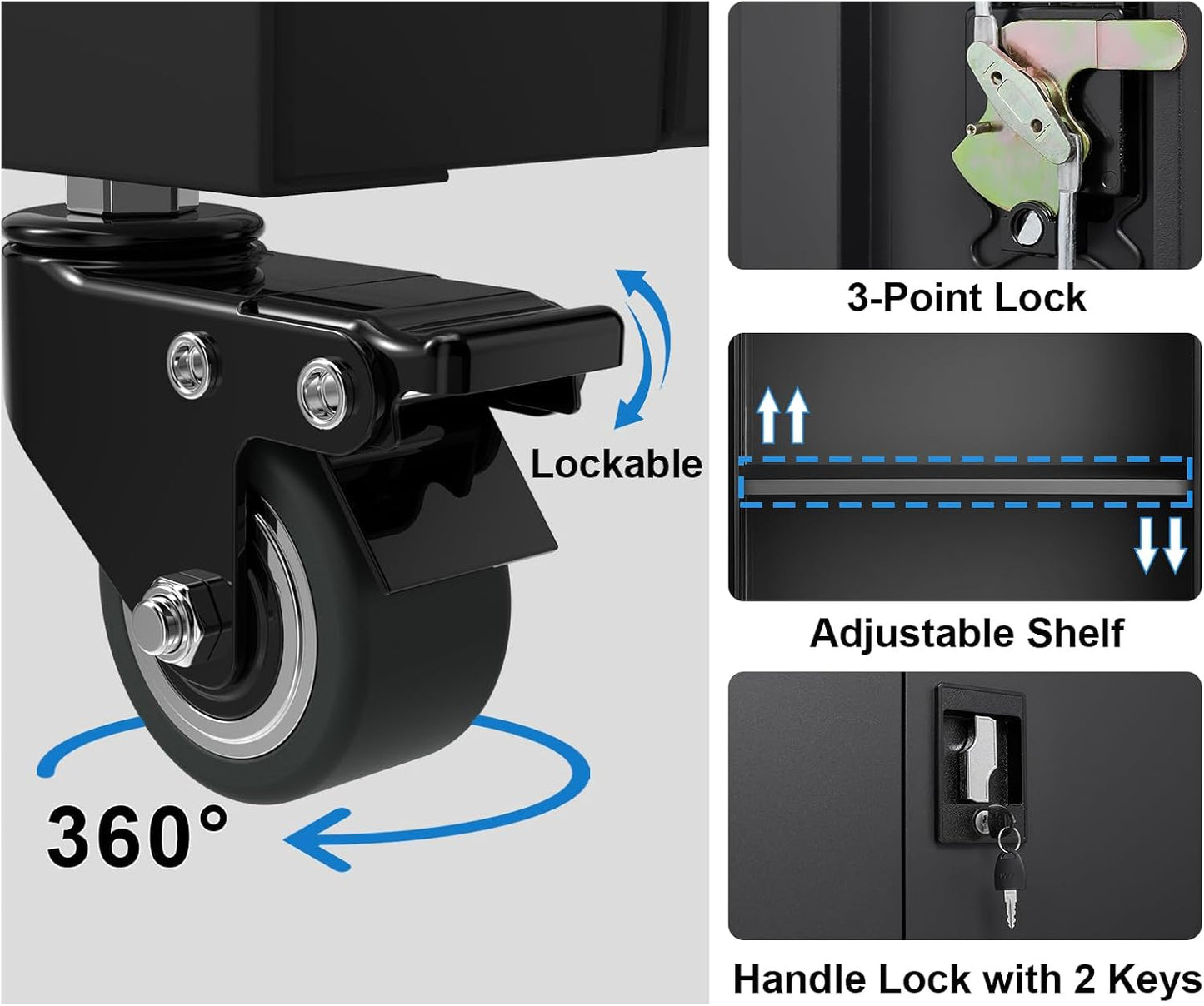 GREATMEET Garage Cabinets with Wheels, Black Garage Storage Cabinets with Doors and Adjustable Shelves，Rolling Lockable Metal Garage Storage Cabinets for Home Office Utility Room