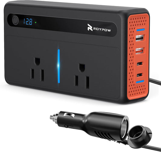 RoyPow 200W Car Power Inverter, DC 12V to 110V AC Power Inverter with Cigarette Lighter Port, Car Plug Adapter Outlet with 3.4A USB-A, QC3.0 24W, PD 30W, PD 36W, Dual AC Outlets, Car Charger Adapter