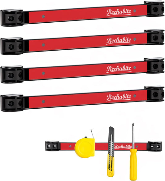 4 Pieces 12" Magnetic Tool Holder Strip, Red Magnet Bar, Metal Tool Organizer Rack for Garage Organization, Easy To Install in Workshop, Mounting Screws Included