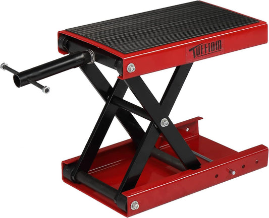 TUFFIOM 1100LBS Motorcycle Scissor Lift Jack，Height Adjustable with Rubber Top Surface & Safety Pin, Foldable Motorcycle Center Stand for Dirt Bike ATV, Red