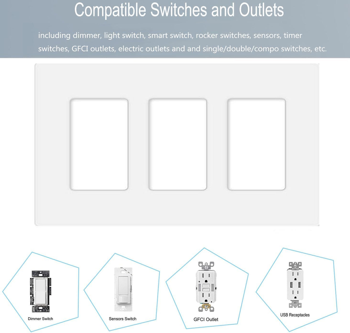 3-Gang Screwless Decorator Wall Plate Cover Switch Outlet Electrical Faceplate for Light Switche, Smart Switch, Receptacle, Dimmers, USB Outlet, GFCI, Child Safe Cover Plate, White (2-Pack)