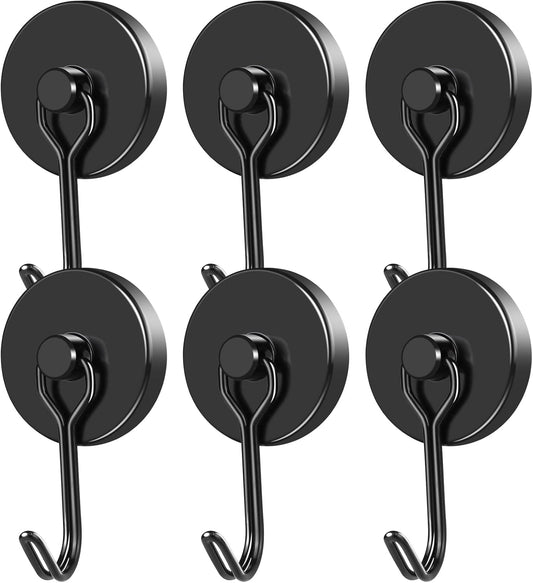 MIKEDE Magnetic Hooks, 110LB Heavy Duty Neodymium Black Magnet Hooks, Strong Swivel Magnetic Hooks Rust Proof for Indoor Outdoor Hangers Hanging, Fridge, Garage, Cruise, 6 Pack