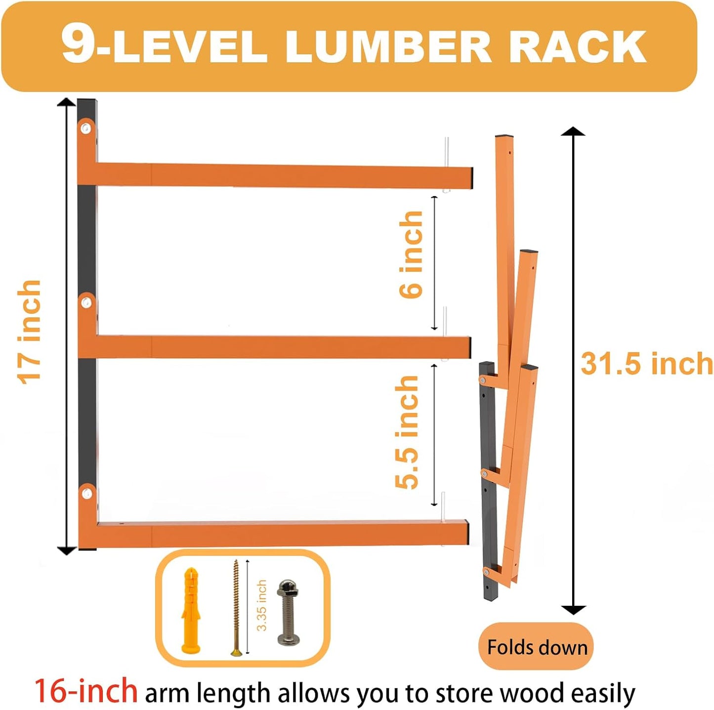 Lumber Rack Wall Mount, Heavy Duty Wood Storage Racks, 9-Level System Garage Shelving, 1080 Lbs Capacity Organizer Shelves, Folding Orange Brackets, 6 Pack Hanging Metal Shelf for Indoor and Outdoor