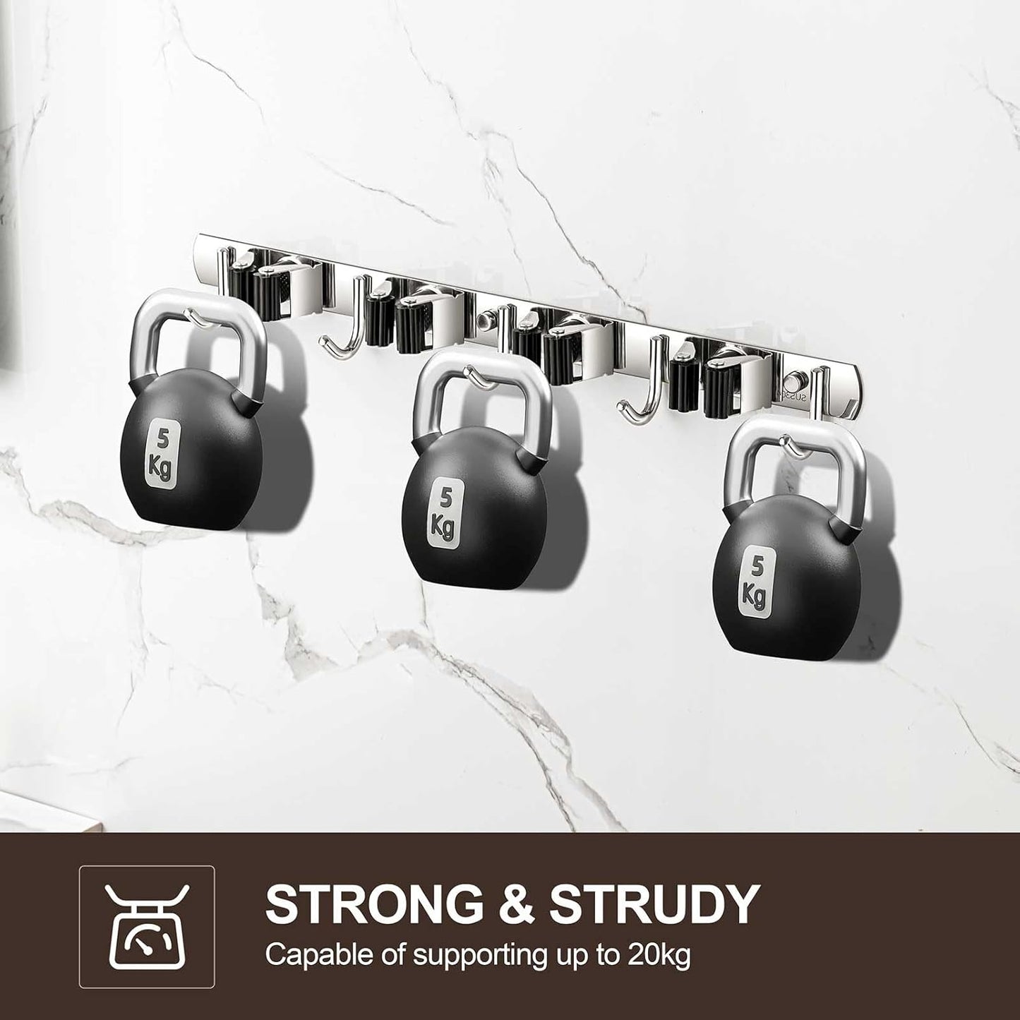 2 Pack Broom Holder Wall Mount, Stainless Steel Broom Hanger Wall Mount, Heavy Duty Mop and Broom Holder Tool Racks Utility Hooks for Laundry Room Garden Garage, Black (4 Racks and 5 Hooks)