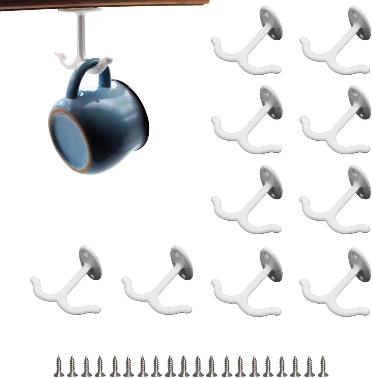 10 Pcs Zinc Alloy Ceiling Double Hook Cabinet Wardrobe Coat Towel Hat Hook Hooks Under Cabinet Shelf (White)