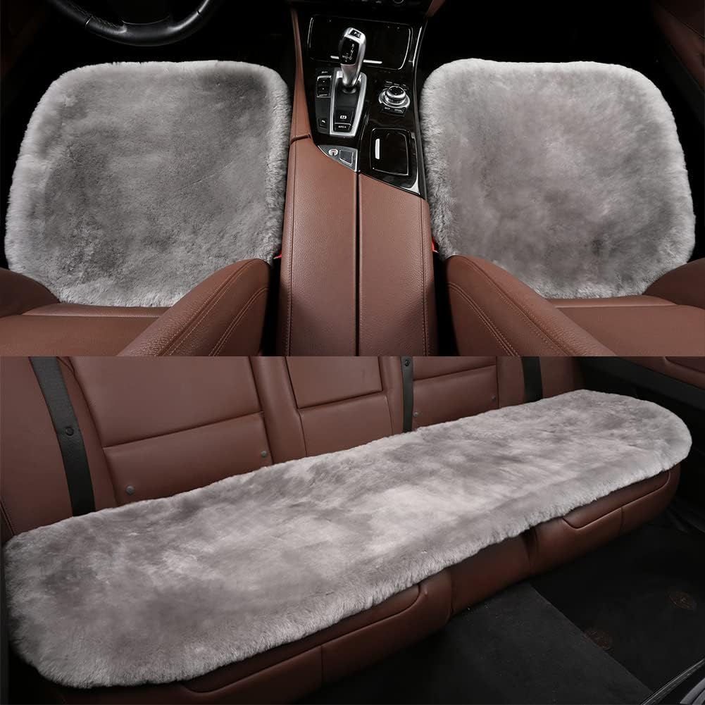 LLB Genuine Sheepskin Car Seat Cushion Seat Covers for Cars Trucks SUV Comfort Seat Protector Pad for Car Driver Seat Car Accessories (Grey, 2 Front Seat Cushions & Bench Seat Cushion-3 Pcs)