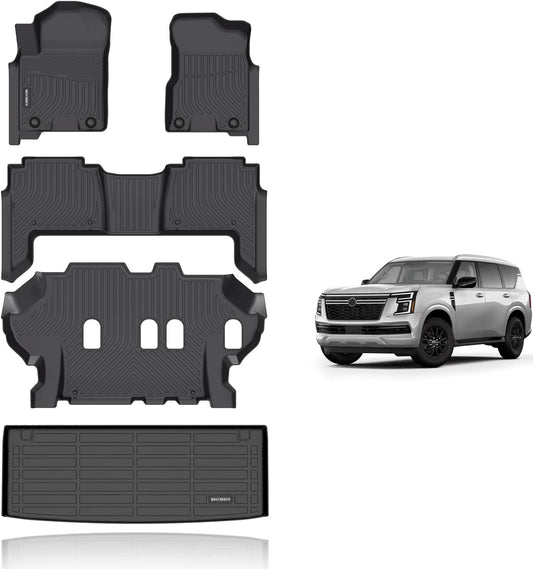 KELCSEECS® Floor Mats & Cargo Liner Custom for 2019-2024 Nissan Armada/Infiniti QX80 8 Seats(Bench Seat) Waterproof All Weather Mats Guard Automotive Liners Full Set Accessories Black