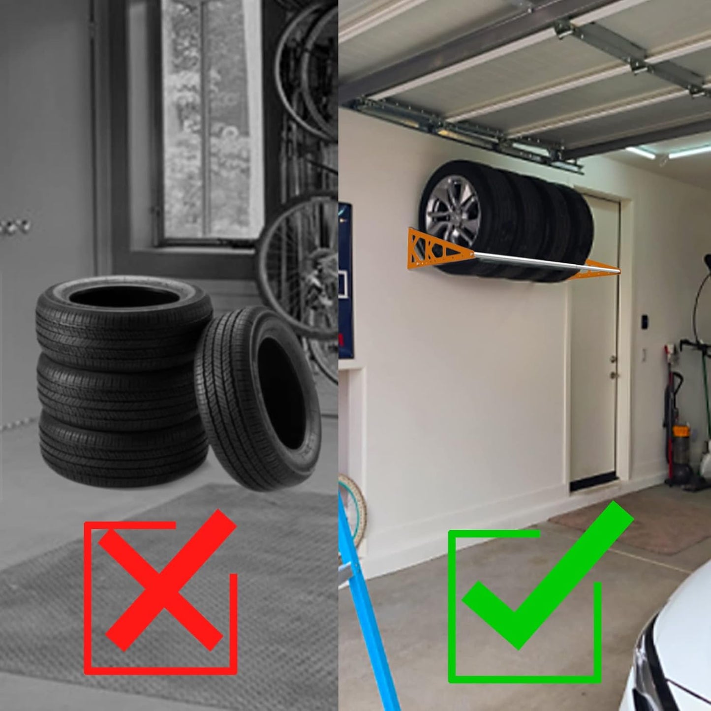 Tire Rack Wall Mount Adjustable 31"-56" Tire Storage Rack Wall Mount Wheel Rack with Heavy Duty Telescopic RodsSteel 400 Pound Weight Capacity (Orange)