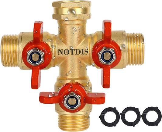 3 Way Hose Splitter, Solid Brass High Volume 3 Way Hose Splitter Valve with Metal Handle, Heavy Duty High Flow Spigot Splitter with Shut off Valve, 3/4 Inch Garden Tap Splitter