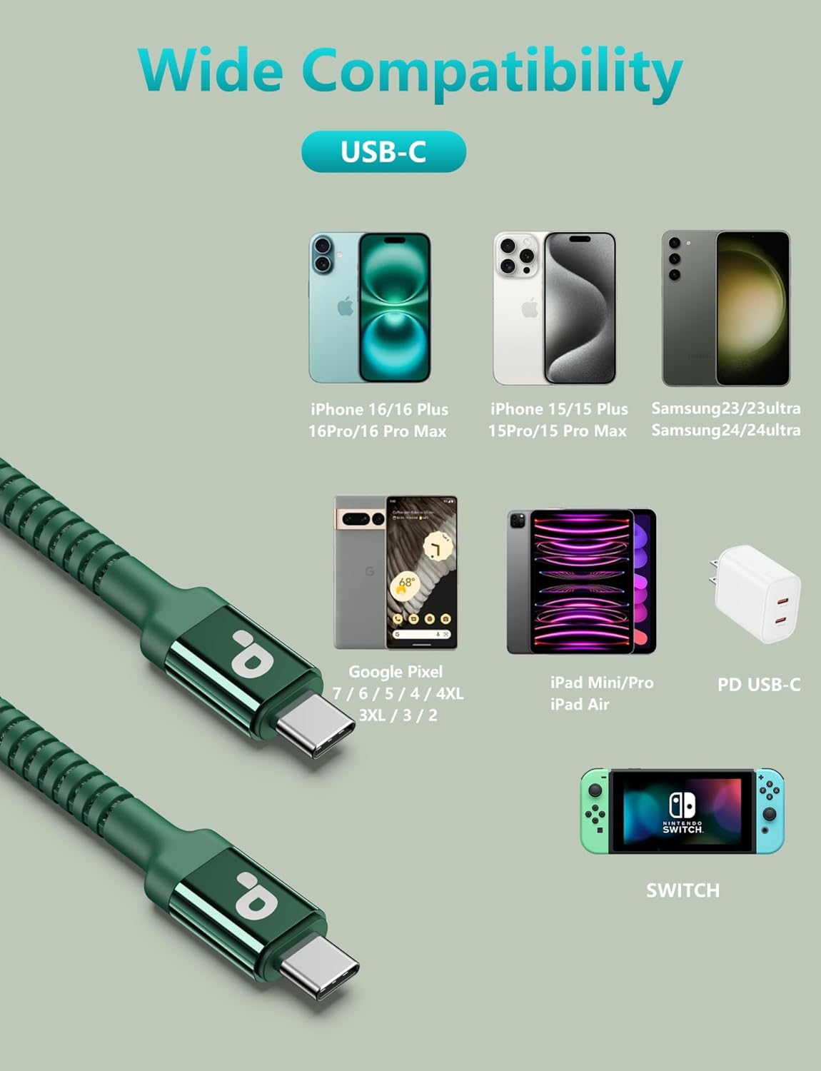 USB C Cable 6FT, 2Pack USBC to USBC Fast Charging Cable, iPhone 16 15 Charger Cable Long Type C Cord Nylon Braided Compatible with iPhone 16/15/Pro Max/Plus/Samsung Galaxy S23/LG/Switch-Green