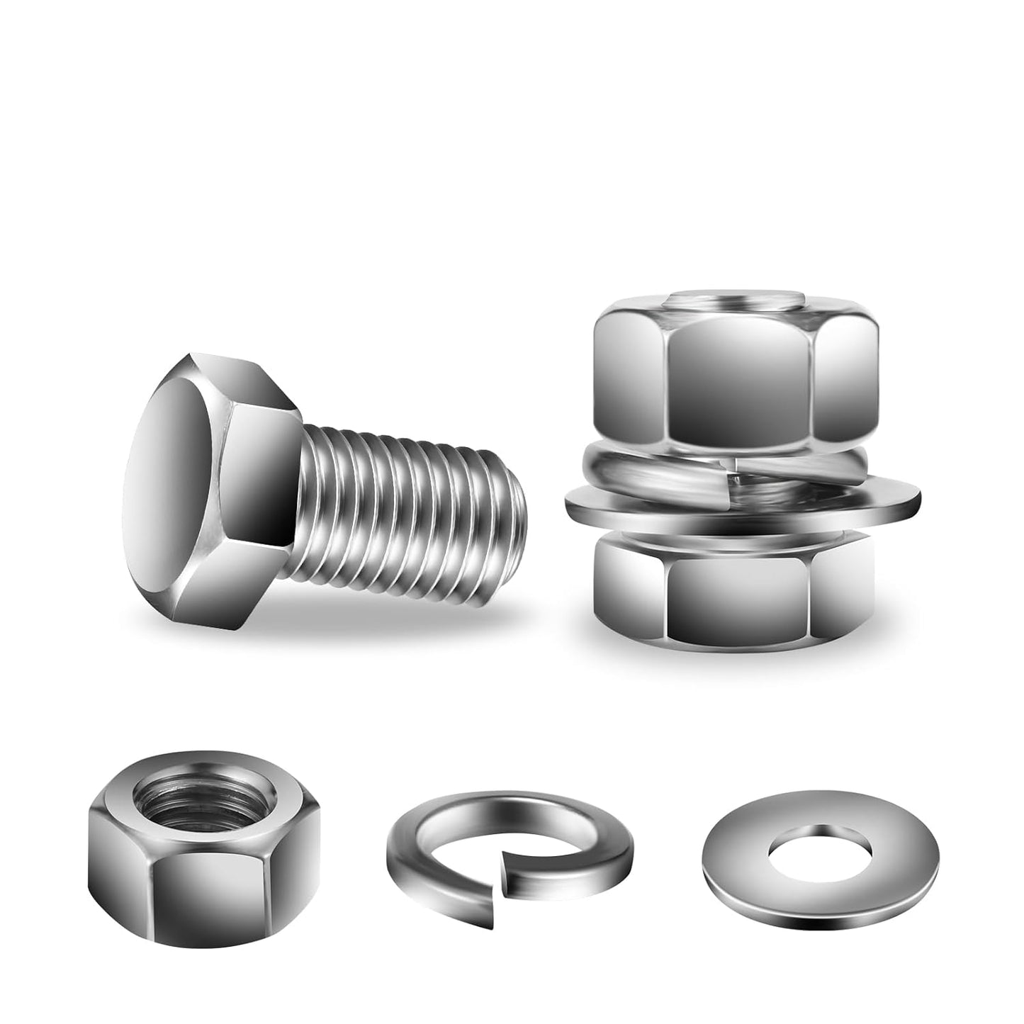 3/8-16 x 3/4" Hex Head Screw Bolt, Nuts, Flat & Lock Washers, 20Pcs 18-8 (304) Stainless Steel, Fully Threaded, by SG TZH