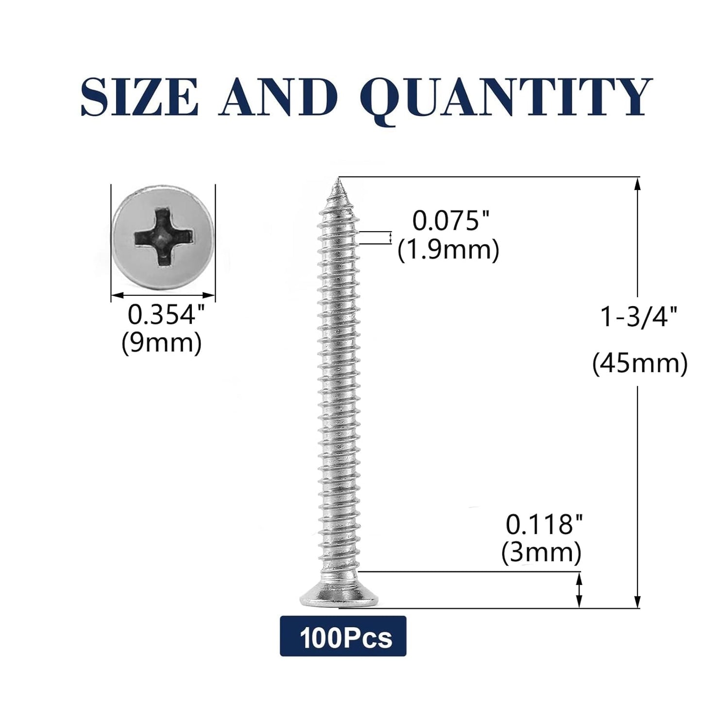 #10 x 1-3/4" Wood Screw 100Pcs 18-8 (304) Stainless Steel Screws Flat Head Phillips Fast Self Tapping Drywall Screws by SG TZH