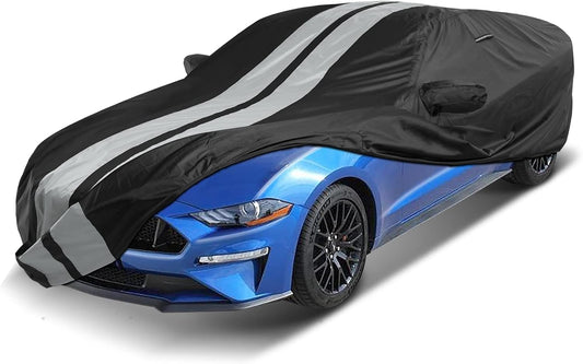 iCarCover Custom Car Cover Compatible with Mustang 2005-2025, Waterproof All Weather Rain Snow UV Sun Protector Full Exterior Indoor Outdoor Car Covers, Stripe (Black/Gray)