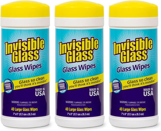 Invisible Glass 90160-3PK Glass Cleaning Wipes Perfect for Cleaning Mirrors, Windows, and Windshields at Home, in Your Car, or at the Office, Streak-Free, Tint-Safe, Lint-Free, 40 Wipes, Pack of 3