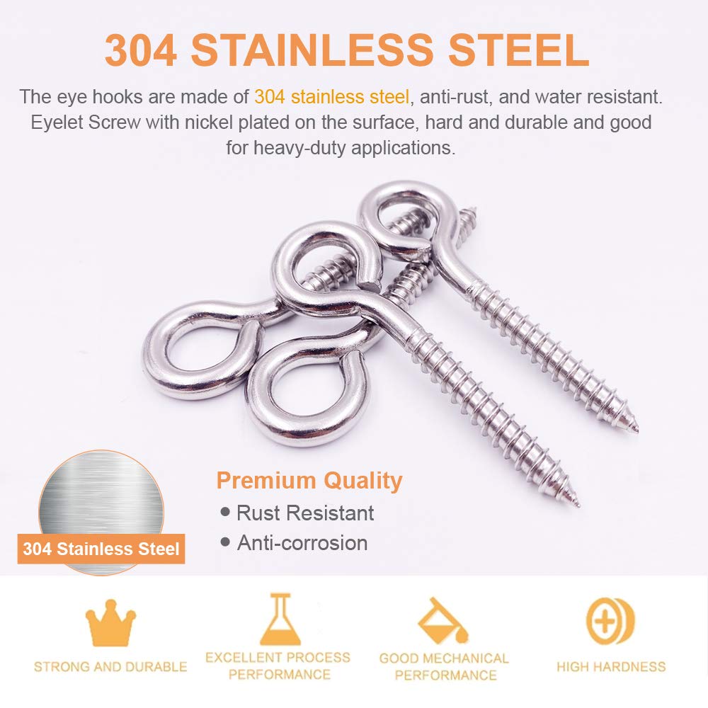 6-Pack 304 Stainless Steel Screw Eyes 3.2", Heavy Duty Screw in Eye Hooks Ring for Yoga, Swing Chair, Indoor & Outdoor, Self Tapping