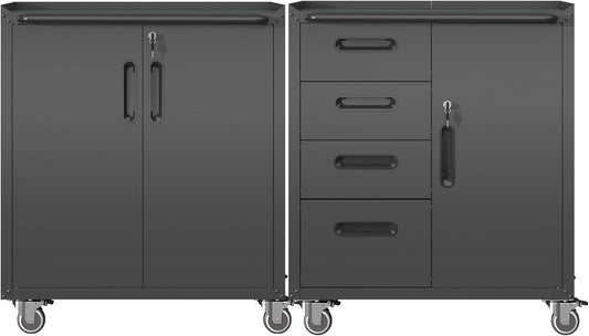 Metal Tool Cabinet,Garage Storage Cabinet System,Wall Cabinet & Locking Rolling Tool Cabinet with Doors and Adjustable Shelves,Steel Tool Cabinets for Home,Office (2 Pcs-Styled, Black)