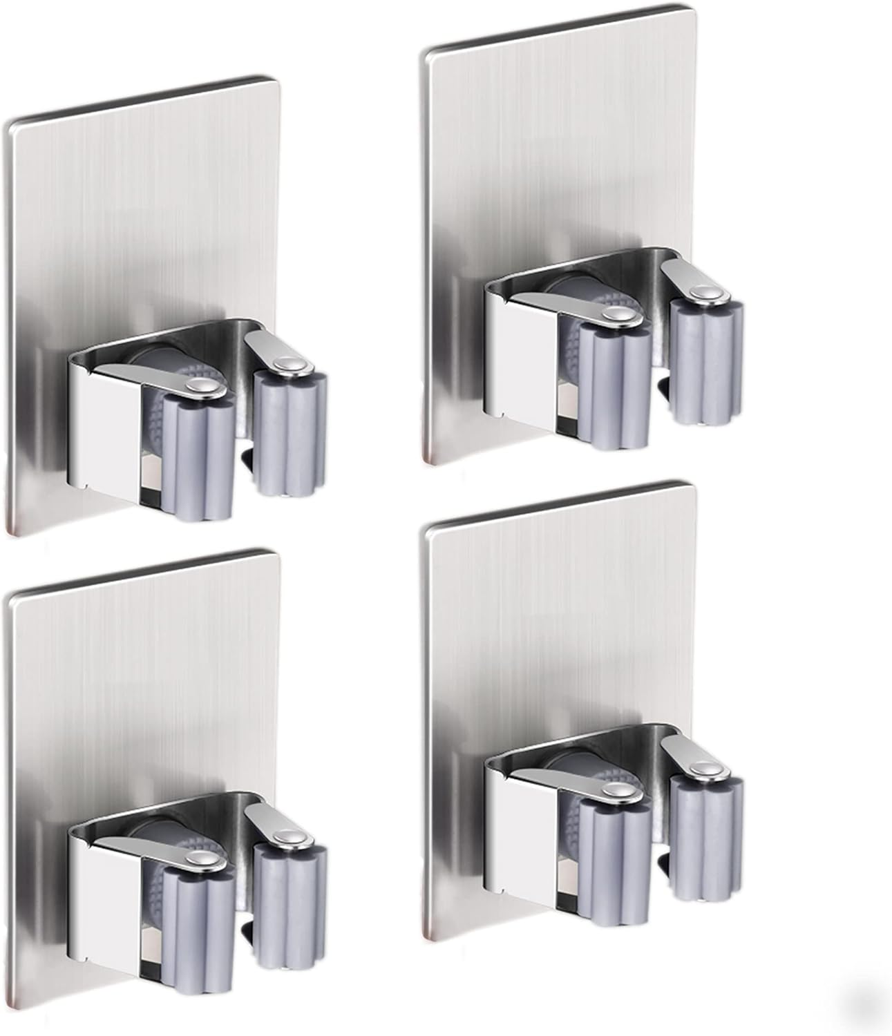 HANZE 4 Pack Stainless Steel Mop Broom Holder Organizer, Self Adhesive Wall Mounted Mop Organizer Storage Rack Clip for Kitchen Bathroom and Garage (Rectangle, Large)