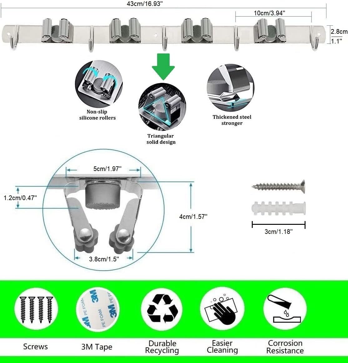 Mop Broom Holder Wall Mount Heavy Duty Adhesive Tools Organizer Rack Stainless Steel with 4 Positions 5 Hooks for Utility Room, Garage, Laundry, Garden, Kitchen, Bathroom, Toilet and Office