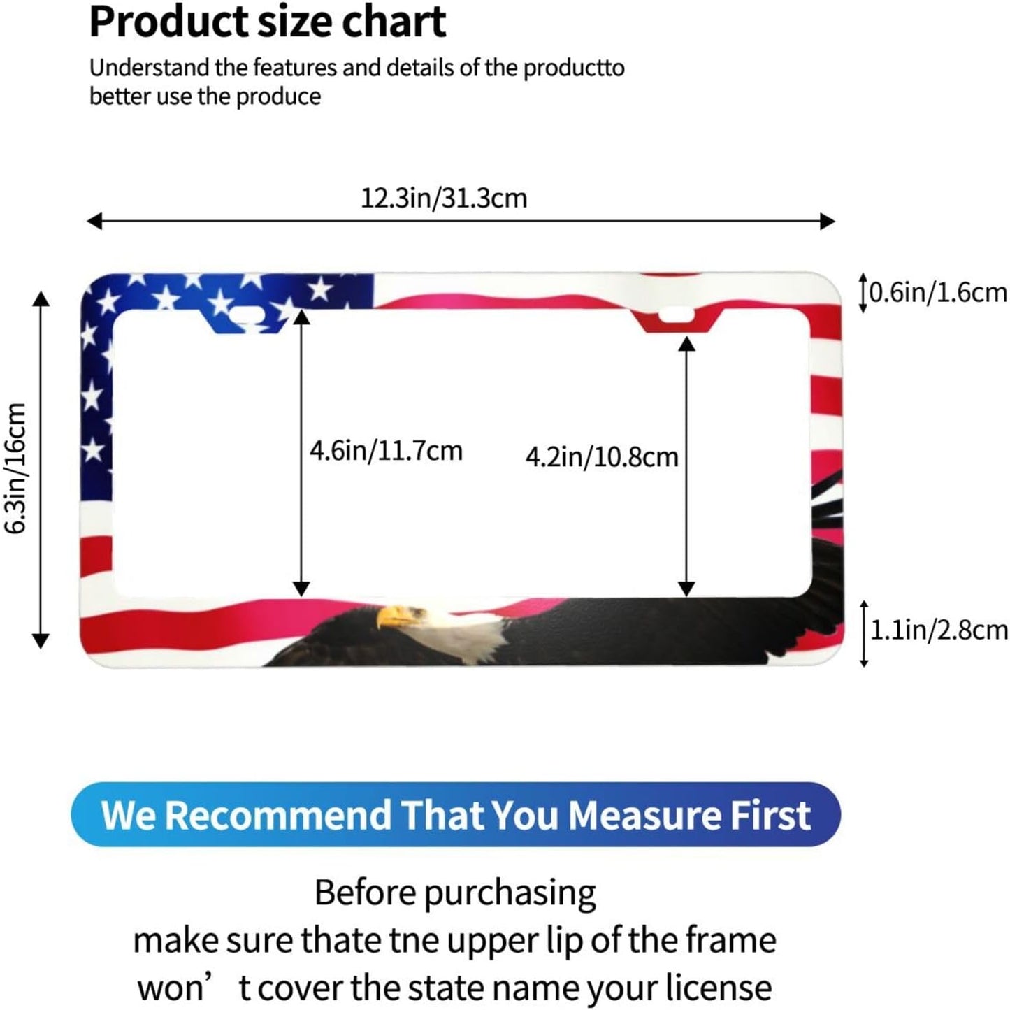 American Flag License Plate Frame American Flag License Plate Holder American Flag Eagle License Plate Frame Covers US Car Tag Frame Stainless Aluminum 2 Pack 2 Holes Decorative 2 Pcs Set for Men