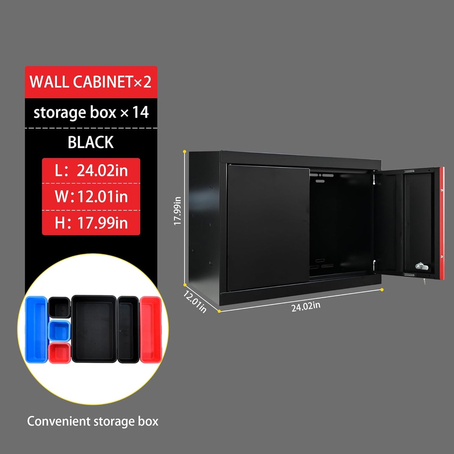 Garage Storage Cabinets System, 6-Pcs Workshop Cabinet Set in Black and Red, Included Steel Cabinets, LED Lights, Wood Panel, Key Locking, Adjustable Door Panels and Legs