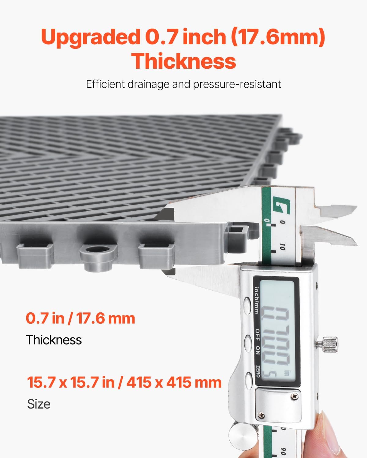 VEVOR Interlocking Drainage Mat, 15.7” x 15.7” Modular Interlocking Cushion, 24 Pcs Splicing Drainage Mats, Non-Slip Gray PP Drainage Floor Tile and Shower Mat, for Garage, Garden, Kitchen & Outdoor