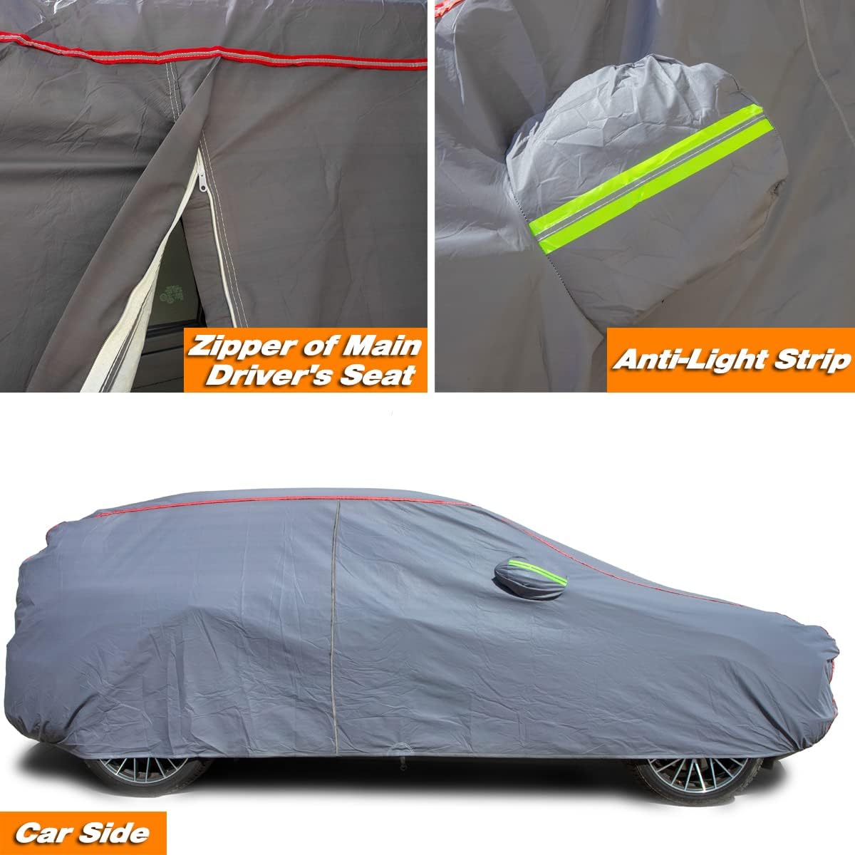 AUQDD 6-Layers PEVA New Material Sedan SUV Full Padded Car Cover Waterproof All Weather Weatherproof UV Sun Protection Snow Dust Storm Resistant Outdoor Exterior Custom Form-Fit Straps 205"-216" Gray