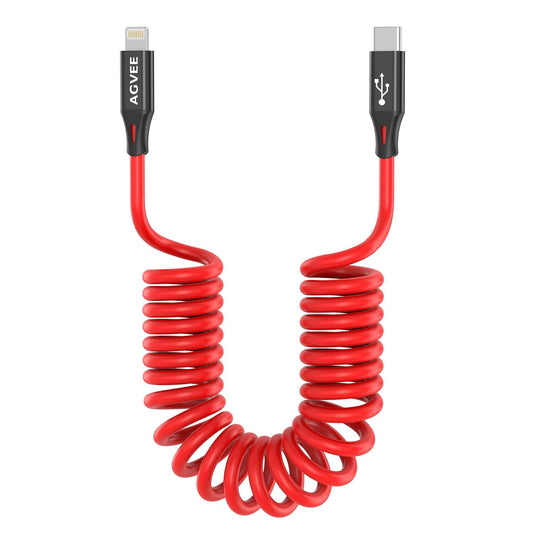 AGVEE 2 Pack 3ft Coiled Short USB-C to Lightning Charging Cable [MFI Certified] 30W PD Fast Charger Cord in Car for iPhone 14/13/12/11/XS/8/7/6/5 CarPlay, iPad, iPod, Red