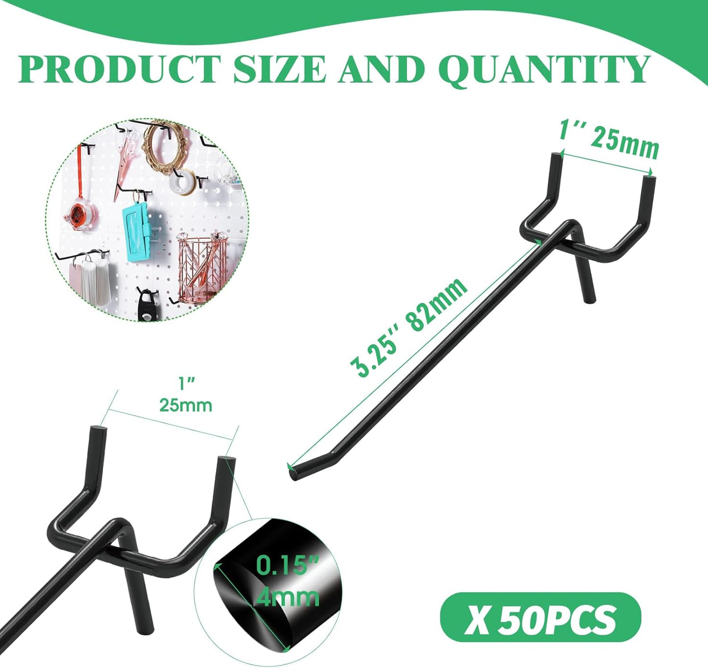 50Pcs 4"/10CM Pegboard Hooks Assortment Set, Metal Peg Board Hooks with 2.5mm Hole Pitch 4mm Wire Diameter Slatwall Hanging Hook for Garage Organization Wall Hanging (Black)