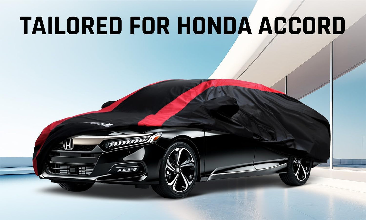 Honda Accord Car Cover Waterproof All Weather with Red Strip Design, Custom Fit for Honda Accord 1998–2025, Accord Accessory with Door Zipper & Windproof Straps