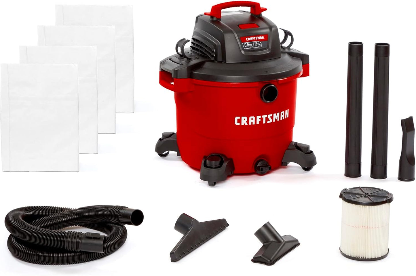 CRAFTSMAN CMXEVBE18595 16 Gallon 6.5 Peak HP Wet Dry Vac, Heavy-Duty Shop Vacuum Wet and Dry with Filter, 4 Dust Bags, Hose and Attachments for Home Projects & Renovations