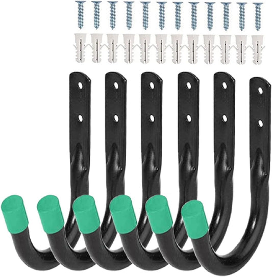 Steel Garage Storage Hooks - 6 Pack, Organizer for Hanging Power and Garden Tools, Ladders, Hose, Bikes, Ropes, Bulk Items, and More(Green)