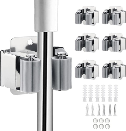 6PCS Broom and Mop Holder, Heavy Duty Garden Tool Organizer Rack Rake and Shovel Handle, Stainless Steel Mop Hanger. Wall Mounted Utility Rack with Screws, Silver.