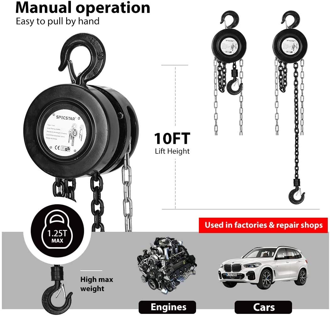 SPECSTAR Hand Chain Hoist 1 Ton 2200 Lbs Capacity 10 Feet with 2 Heavy Duty Hooks, Manual Chain Fall for Warehouse Building Automotive Machinery Black