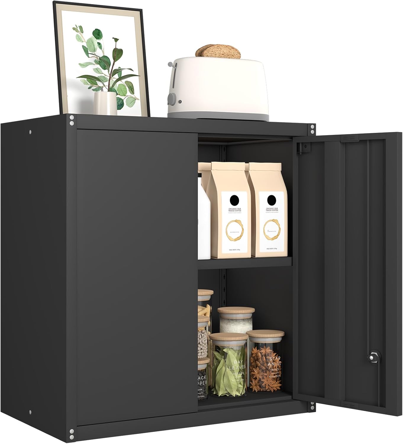 GREATMEET Metal Wall Cabinet, Wall Mounted Cabinet with Doors and Adjustable Shelf, Metal Storage Cabinet with Lock, Wall Cabinet for Garage, Pantry, Utility Room, Black