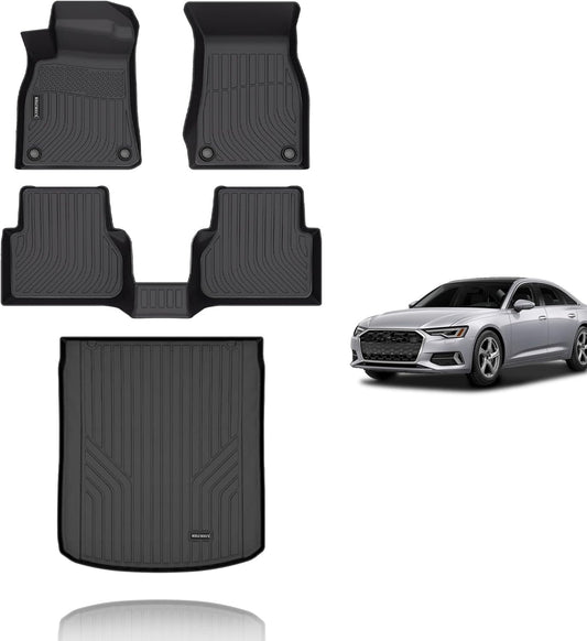 KELCSEECS Floor Mats & Cargo Liner Custom for Audi A6 (Not for A6 Allroad Models) 2019-2024 2025,All Weather Protection TPE Floor Liners Front Row and Second Row Full Set Accessories Black