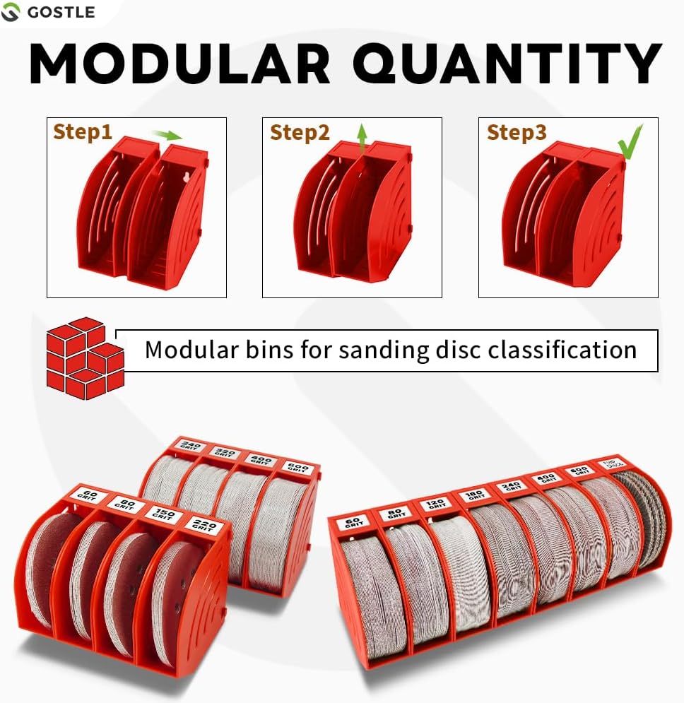5 Inch Professional Sanding Discs Storage Bins - 10 Bins Set for Efficient Organization, Offset Snap-On Connection, Grit Classification, Space-Saving Design and Versatile Application, Red